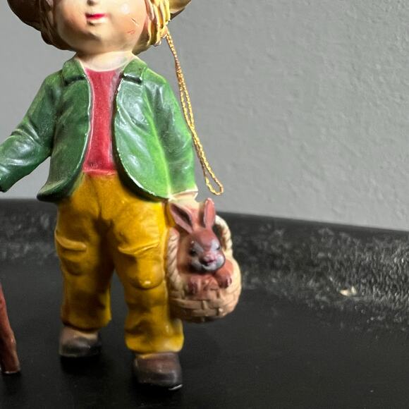 Vintage Boy Walking Stick Basket - Rabbit 3 1/4" Tall Hanging Holiday Ornament - Picture 5 of 8